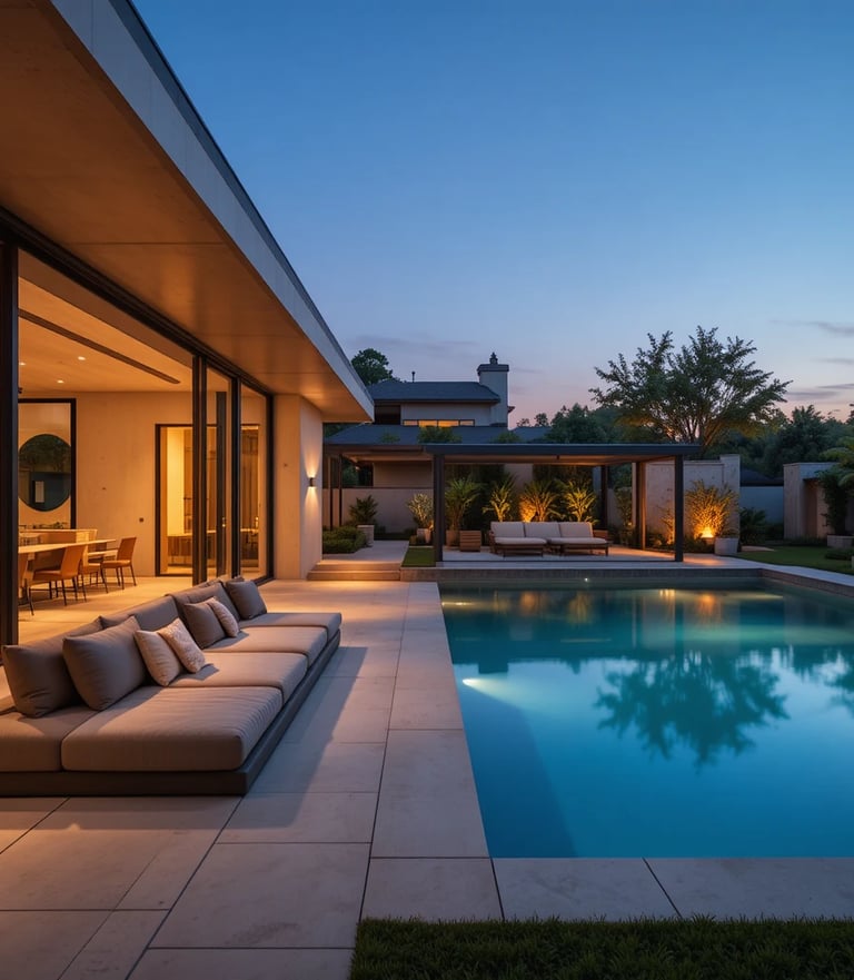 A luxurious modern pool house with a sunken seating lounge featuring a built-in sofa with plush