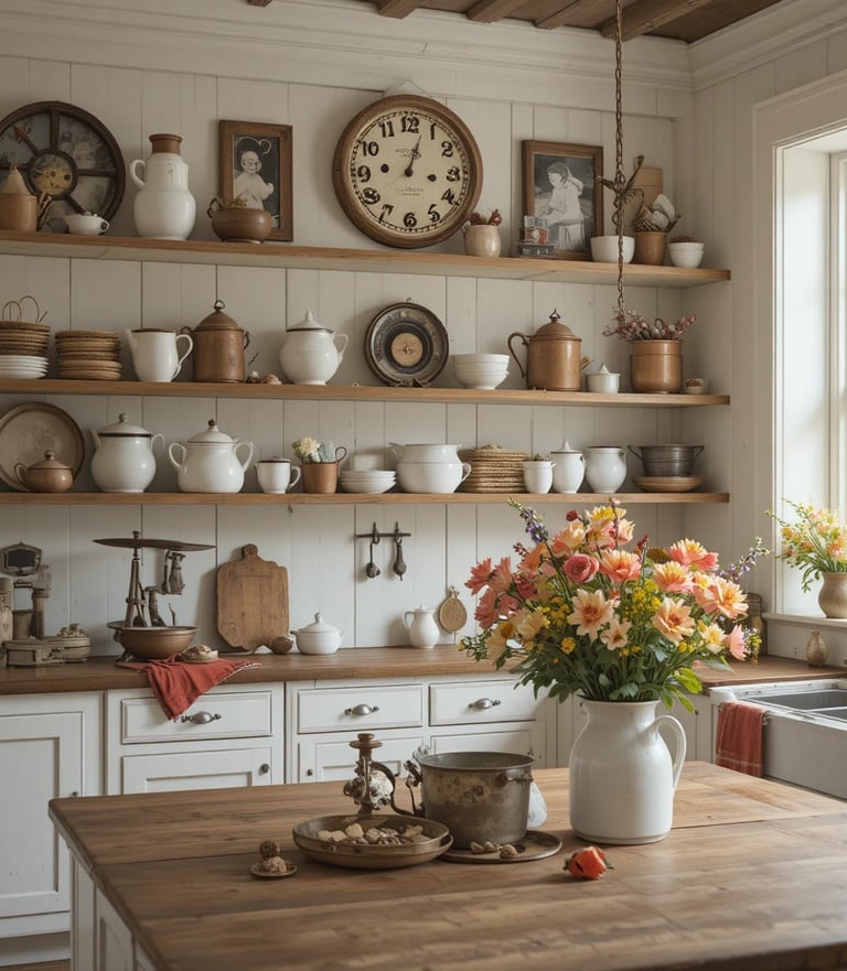 A beautifully styled farmhouse kitchen featuring antique decor such as a distressed wooden clock
