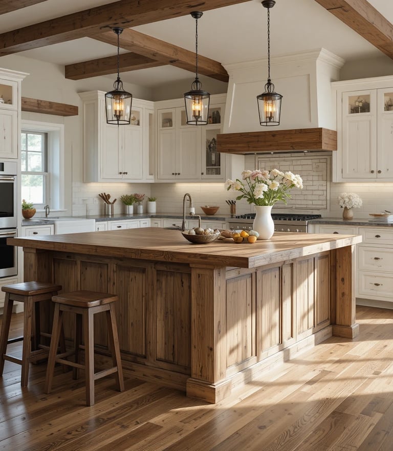 A stunning farmhouse kitchen centered around a rustic reclaimed wood island with a distressed finish
