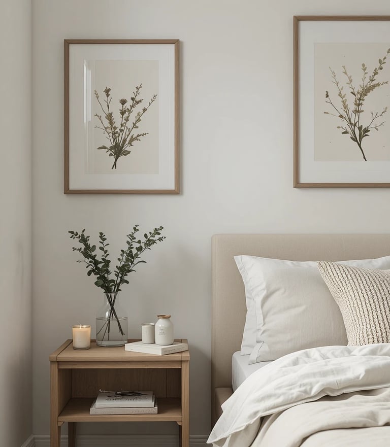 A thoughtfully decorated small bedroom featuring framed wall art