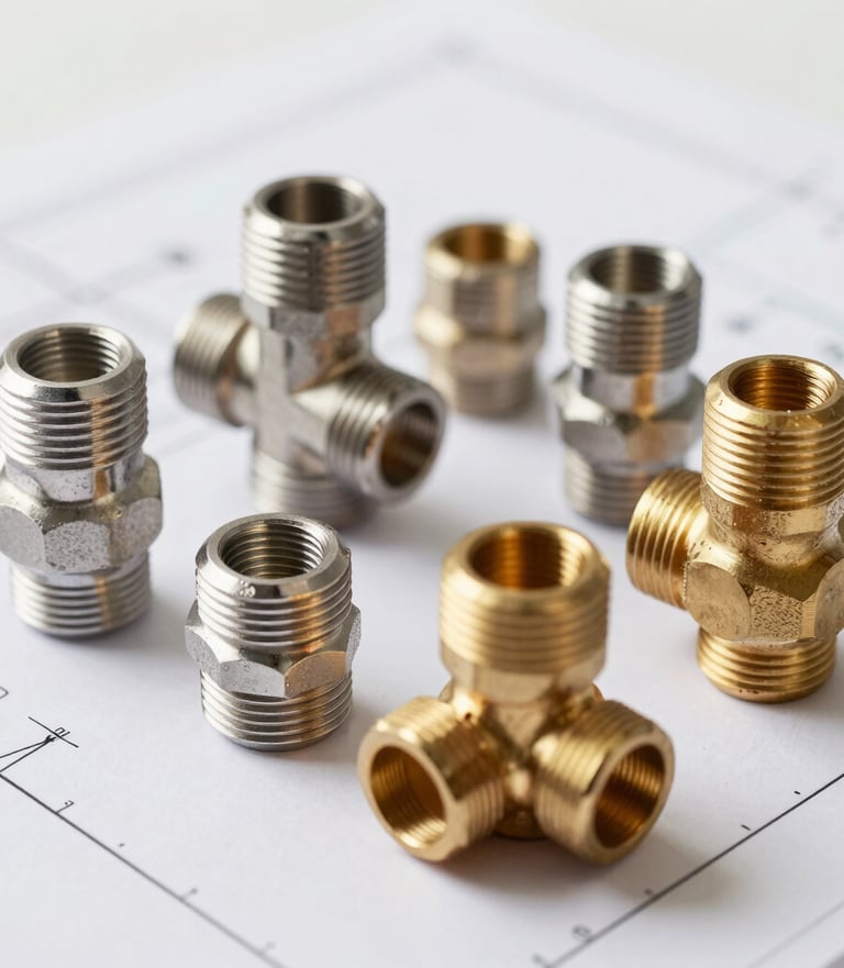 A close-up photograph of high-quality stainless steel and brass plumbing fittings laid out neatly on a clean white blueprint, bright neutral professional studio lighting, Central European style.