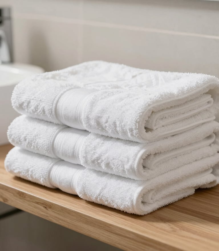 A detailed close-up shot of a pristine, neatly folded stack of premium white bath towels resting on a beautiful light wooden shelf in a luxurious modern resort bathroom in South Lake Tahoe, California. Clear, clean, bright morning lighting.