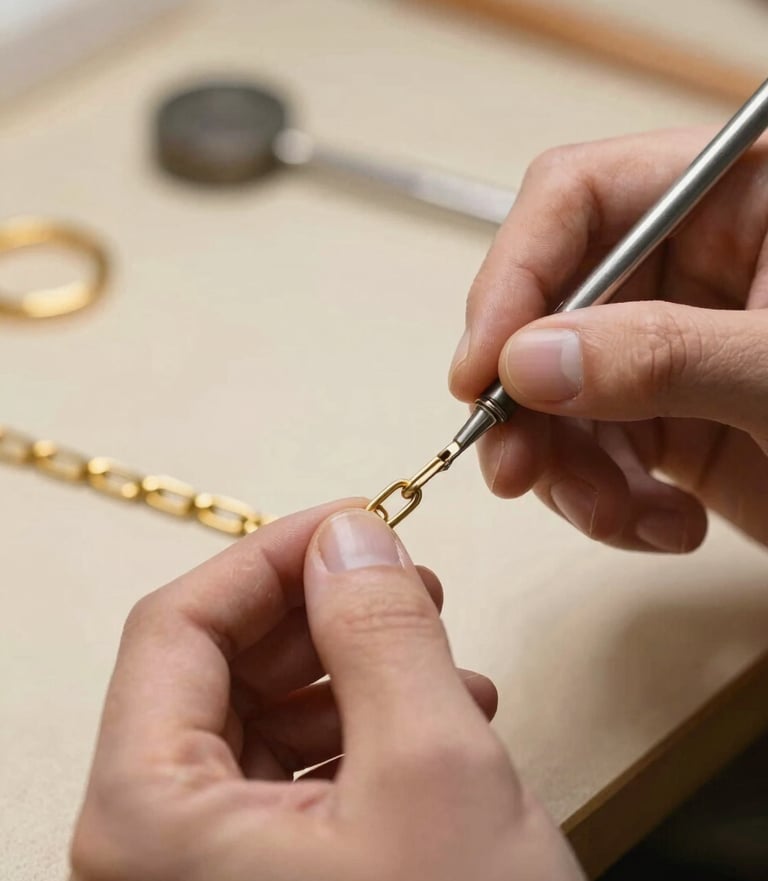 Hands of a master bench jeweler carefully polishing a heavy yellow gold chain under soft, diffused side-light, gold dust visible, warm workshop background