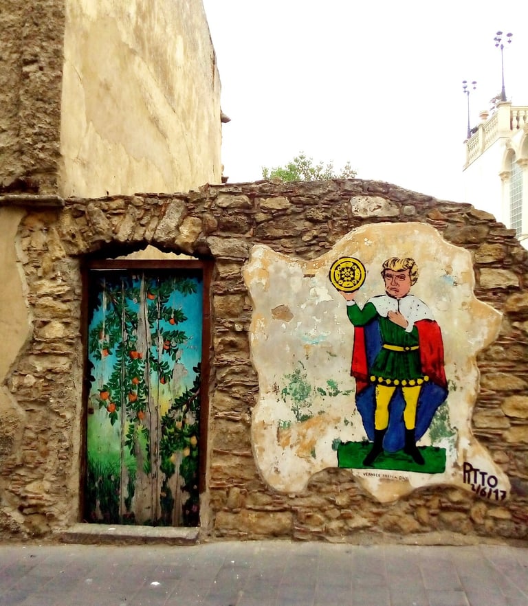 Satirical mural depicting medieval figure holding a gold coin, artistic work by Poliops.