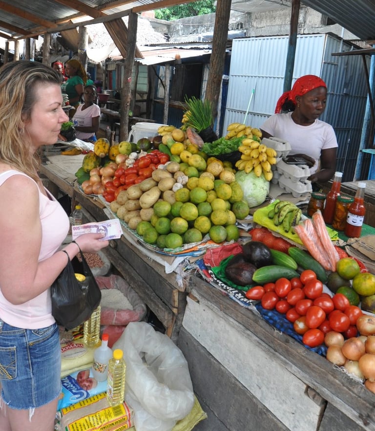 Tracey Billington shopping at tofo Beach, Praia do Tofo, Mozambique