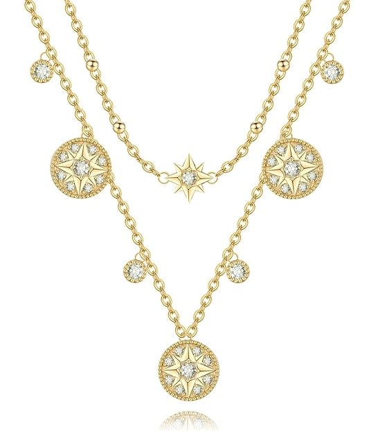 Budget Affordable Necklace for Girlfriend.Compass Cross Gold Necklace Layering