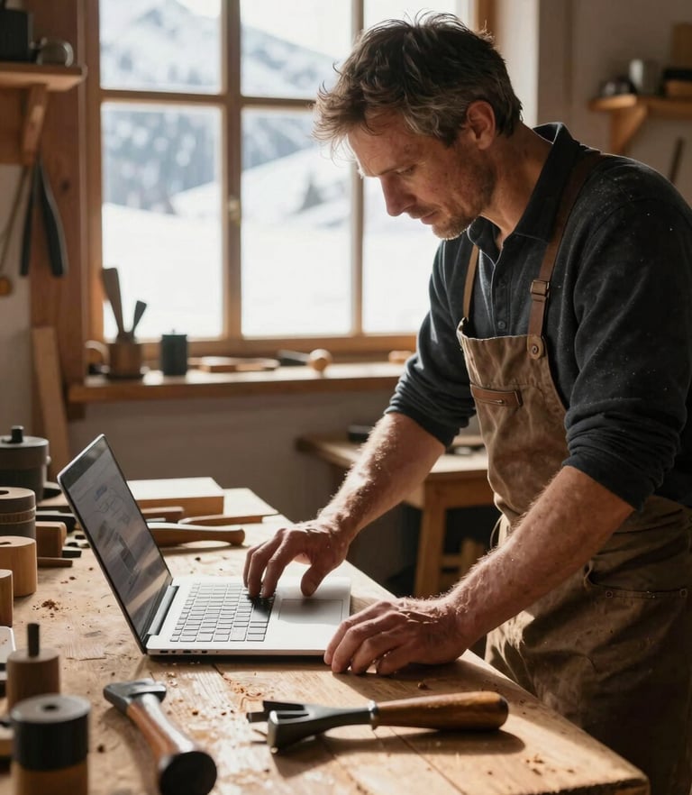 A traditional Swiss carpenter in his sunlit alpine workshop, warm morning daylight streaming through the window, a laptop open on a rustic wooden workbench next to hand tools.