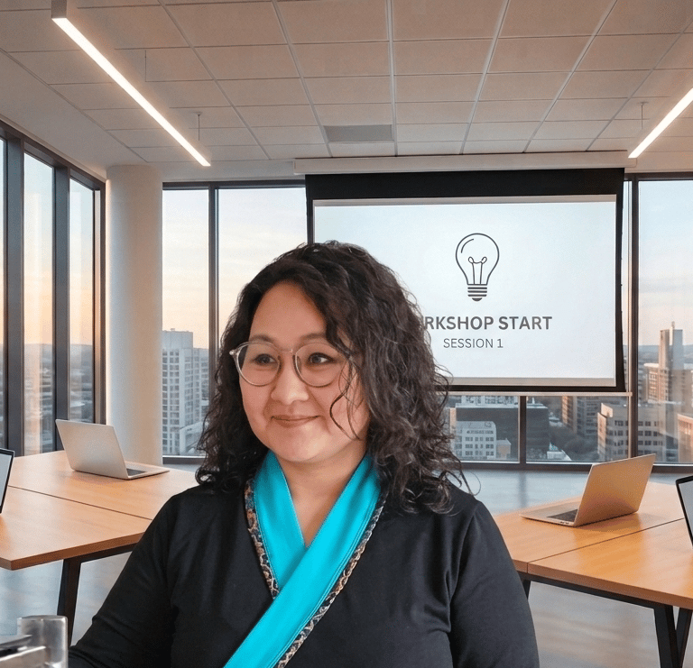 Professional woman at a corporate workshop session in a modern office with city views.