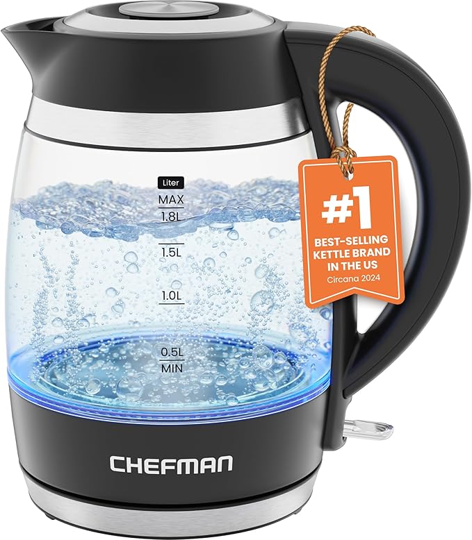 Chefman borosilicate glass electric kettle with blue LED lights, stainless steel filter, and cordles