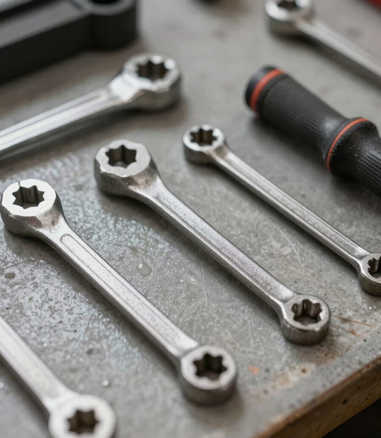 A craftsman carefully inspecting a high-quality tool in a bright workshop.