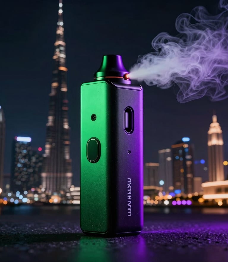 An ultra-premium commercial photograph of a sleek, black luxury vape device emitting a thick cloud of glowing vapor illuminated by vibrant vape green and electric violet neon light, set against the backdrop of Dubai's iconic nighttime skyline in the Middle Eastern / Dubai Gulf Region, deep obsidian atmosphere, dramatic cyberpunk lighting, highly detailed surface texture.