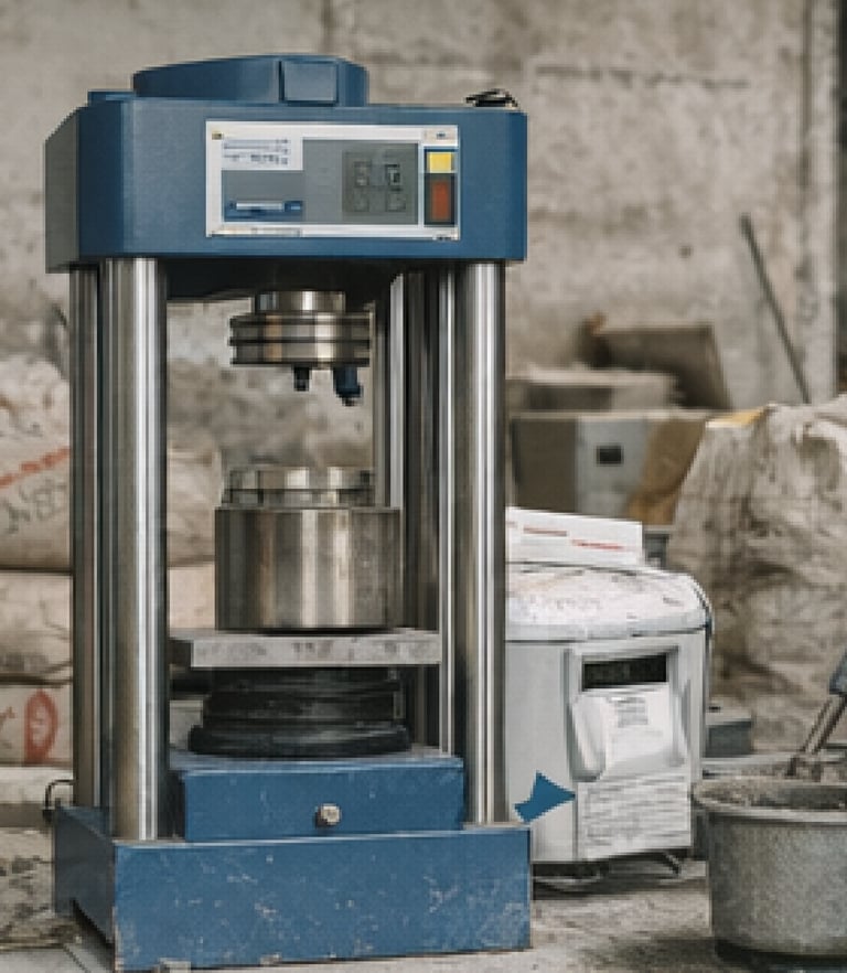 Prensa hidráulica para ensayo de resistencia a compresión en probetas de hormigón.