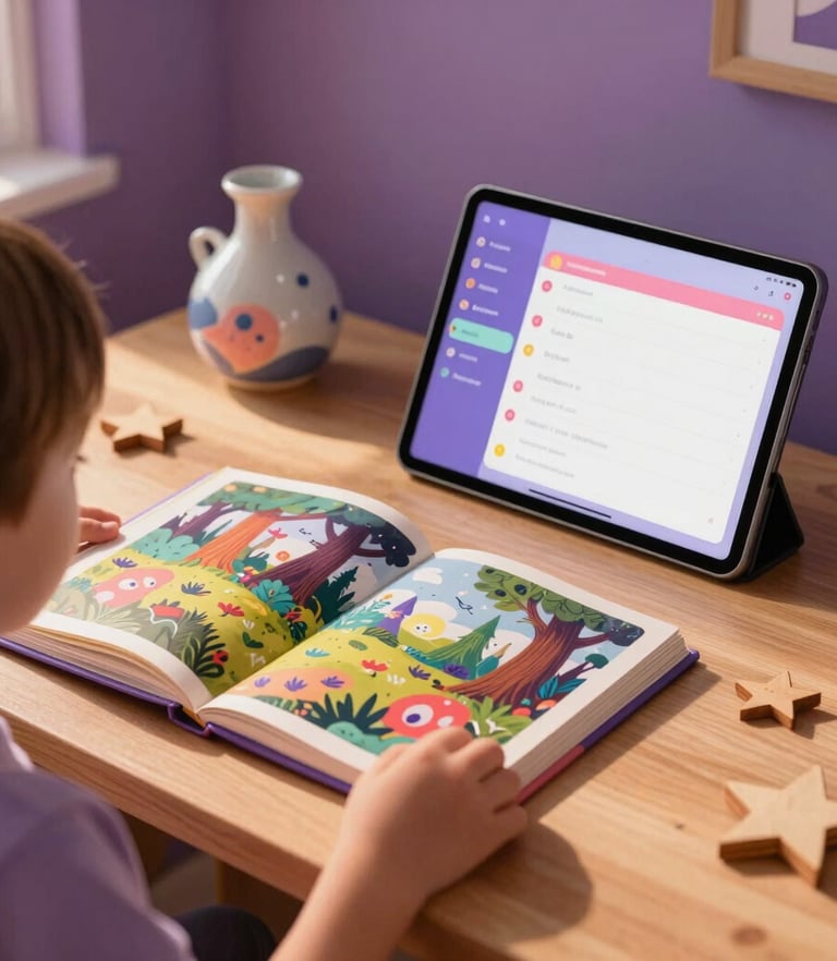 A whimsical close-up photograph of a child's bedroom desk in a North American home, bathed in soft afternoon sunbeams. On the desk sits an open, beautifully illustrated storybook showing a colorful magical forest, alongside a modern tablet displaying a playful, colorful task-planner interface. Warm amber, deep purple, and soft lavender accents fill the cozy space, which is decorated with tiny wooden stars and a ceramic potion-shaped jar.