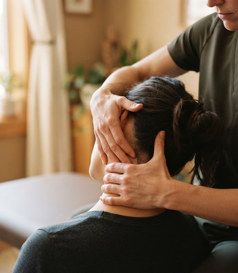 Close-up of therapist hands performing gentle joint mobilization on a neck, warm natural window light, muted earthy tones, shallow depth of field, 35mm