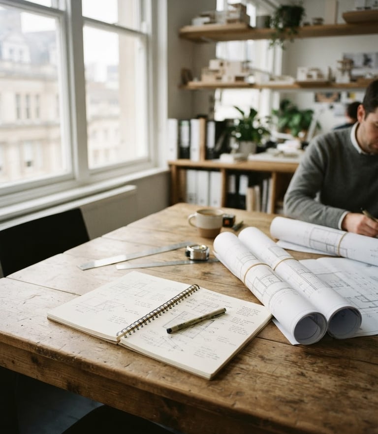 A clean, sunlit architectural office meeting room with a wooden table, open notebook, and blueprint rolls, soft overcast window light, 35mm film.