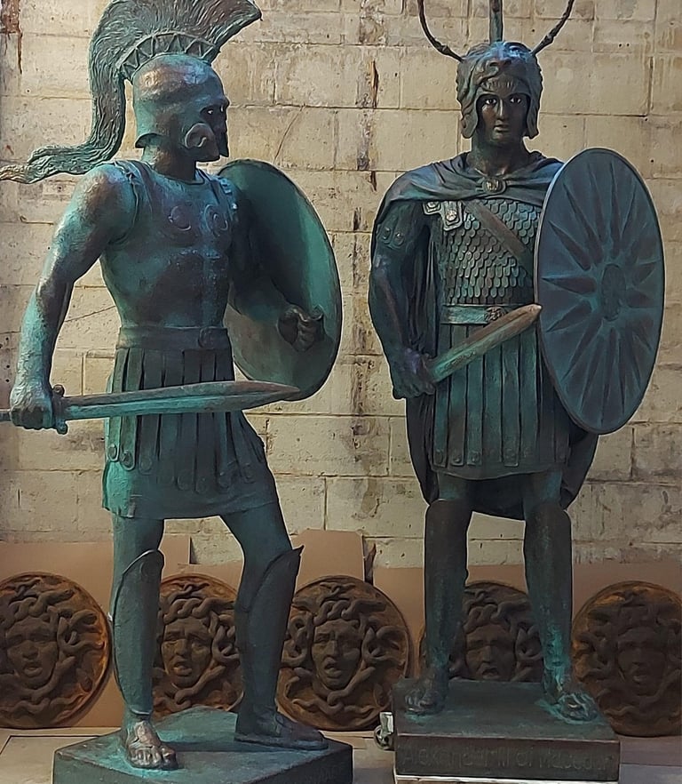Statues of Alexander the Great and Leonidas with shields and swords.