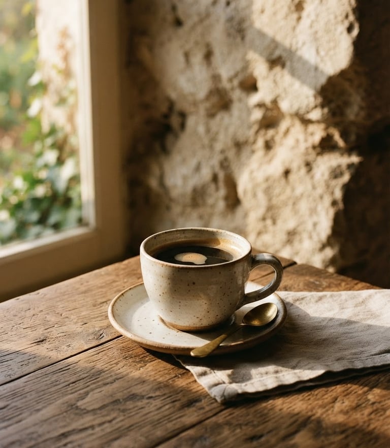 Serene warm morning window light casting soft shadows across a rustic wooden table with a single ceramic cup of coffee, monastic stone wall background, 35mm photography