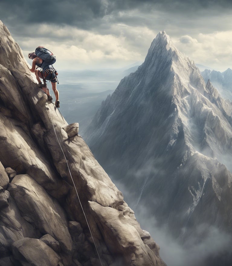a man climbing a mountain with a backpack