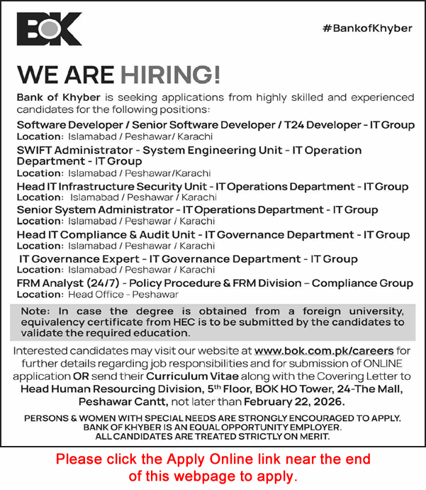 Bank of Khyber Jobs February 2026 Apply Online Software Developers & Others BOK Latest