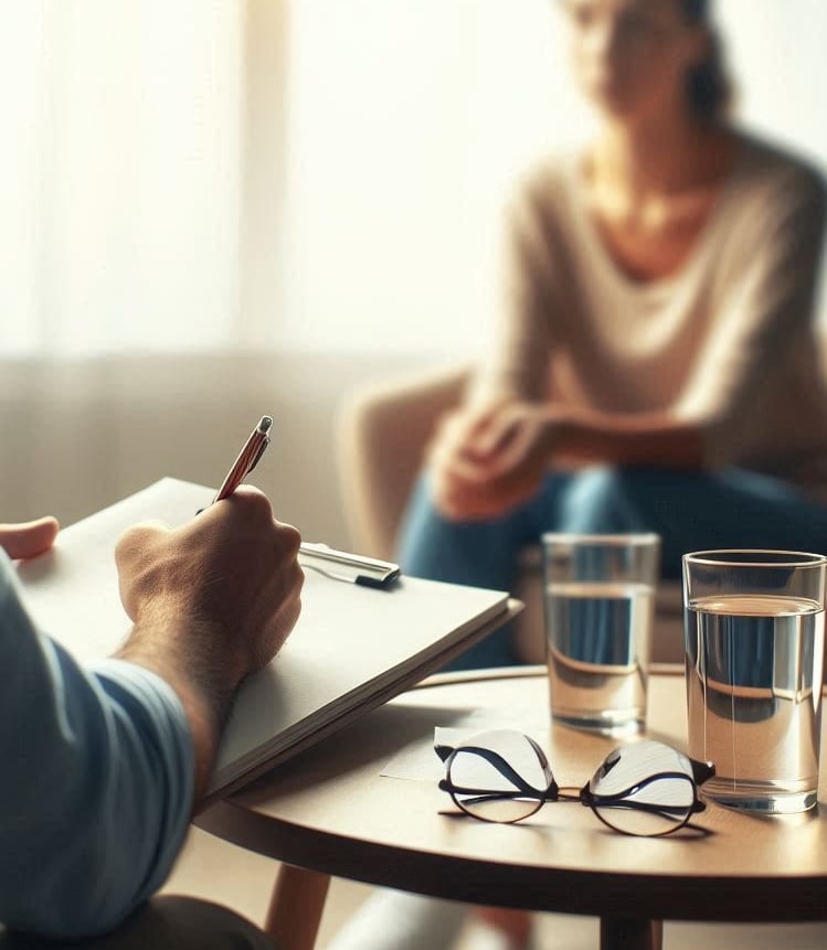 Ein Therapeut und eine Frau sitzen in einem Therapieraum und machen Therapie