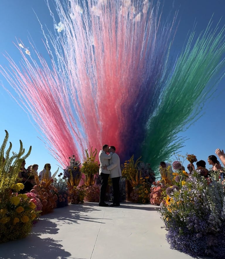Bright, multicolored fireworks during a daytime wedding celebration