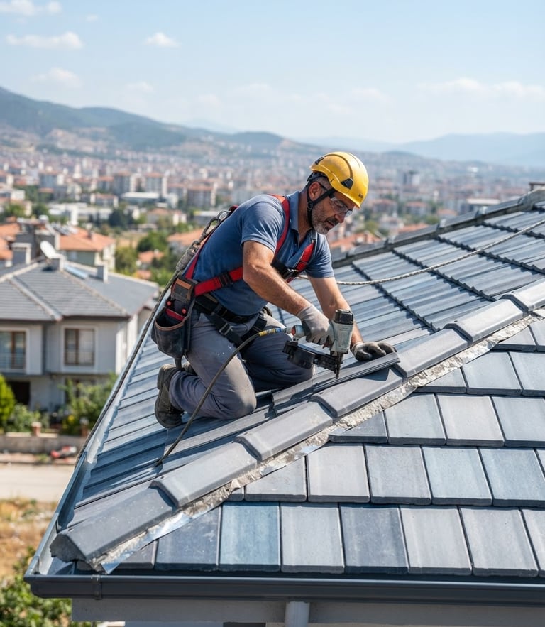A professional roofer in safety gear working on a modern tile roof in Manisa, bright natural daylight, clean slate gray and blue tones, 35mm lens
