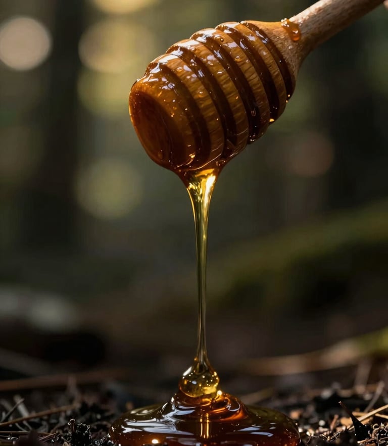 Extreme close-up of thick, dark Riau Acacia honey dripping slowly from a wooden dipper, dramatic low-key lighting with strong side-lit gold highlights mimicking sunlight filtering through forest canopy, dark textured background.