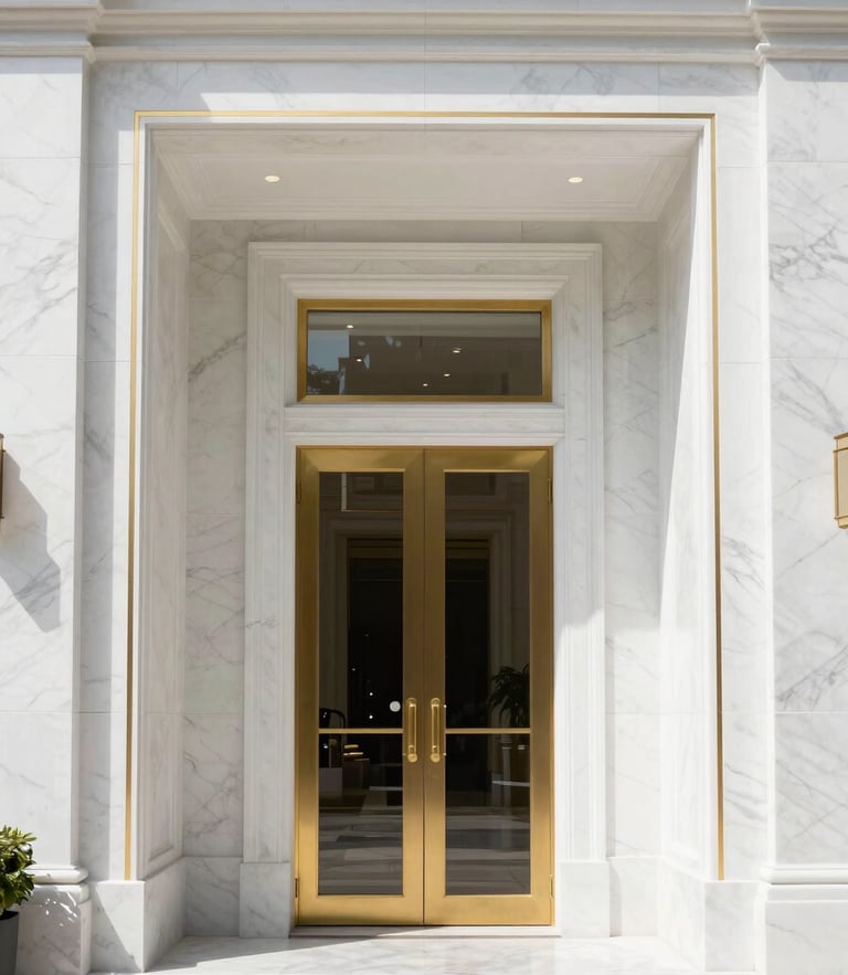 Symmetrical architectural shot of a luxury white marble entryway with gold hairline details, bright natural daylight, editorial photography