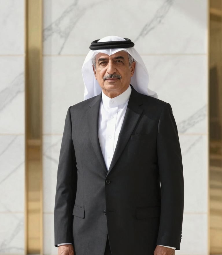 Dignified executive portrait of a senior Arab legal counsel, sharp editorial style, warm lighting, white marble background, burnished gold details, 35mm lens