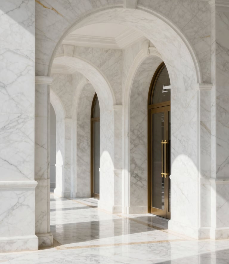 A luxurious white marble entryway of a sovereign palace, bright natural daylight reflecting off polished stone, subtle gold hairline details, minimalist architectural composition.