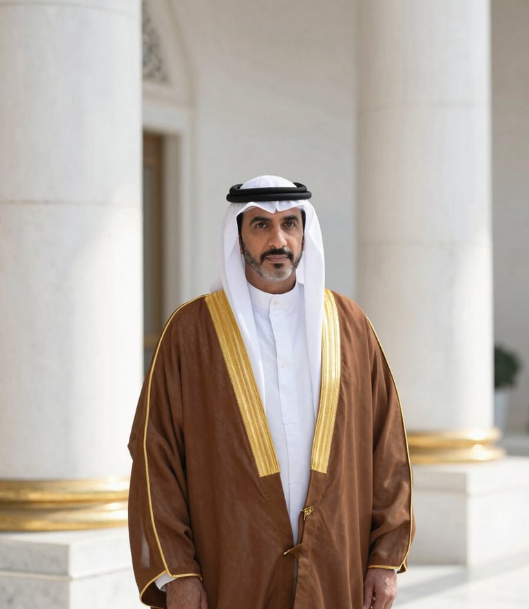 Dignified formal portrait of an executive legal scholar in traditional GCC royal attire, soft natural light reflecting off white marble columns in the background, gold hairline border, elegant architectural framing