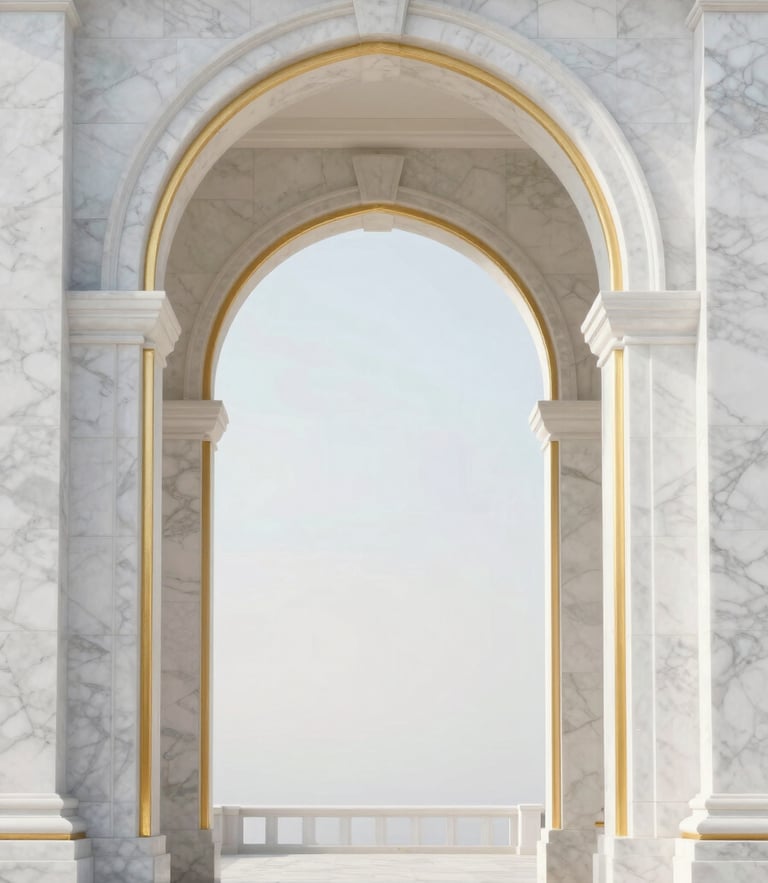 Symmetrical architectural shot of a luxury white marble archway with gold accents, soft diffused morning daylight, editorial photography, 35mm lens
