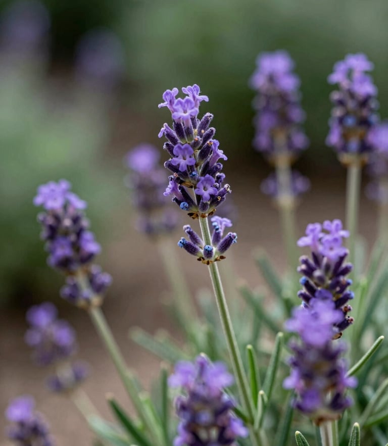 Close-up of vibrant purple lavender blossoms and green rosemary leaves in an Attica garden, soft natural background