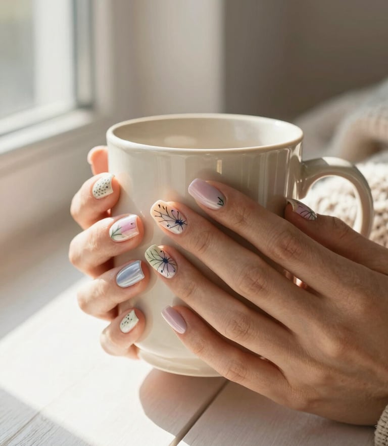 Bright and airy close-up of hands with beautifully painted pastel floral nails holding a warm ceramic mug, soft morning light streaming through a window, cozy knit blanket background.