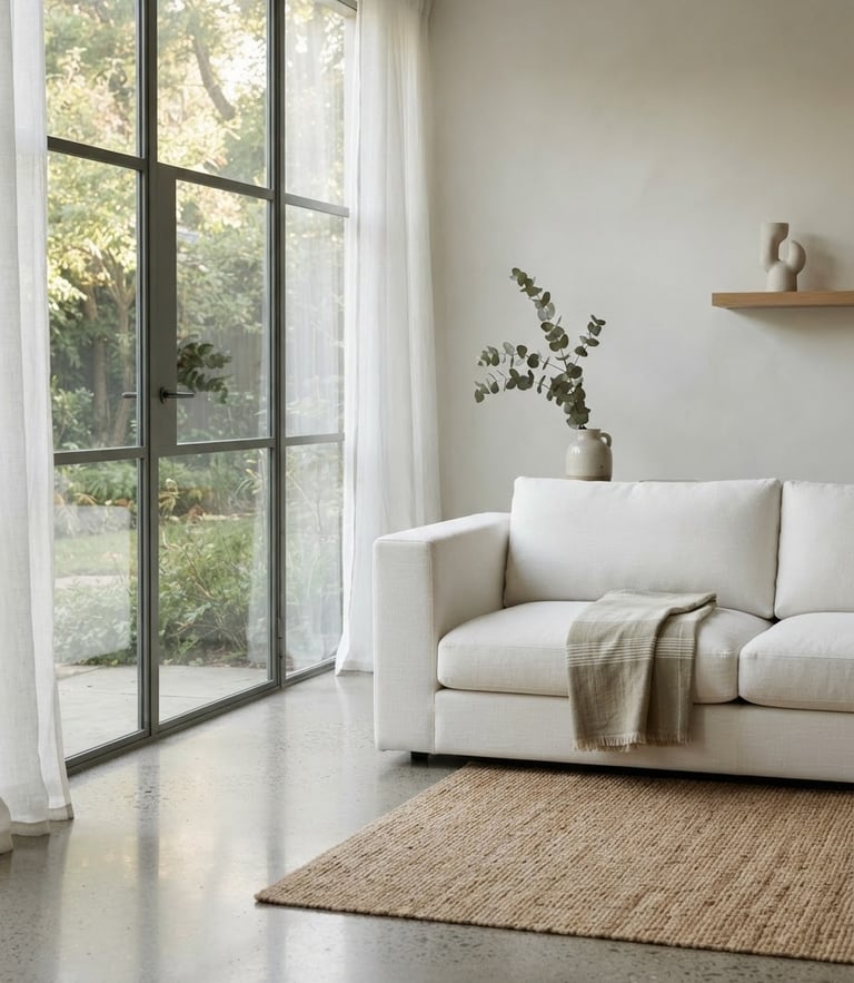 Sunlit minimalist living room with clean line linen sofa, polished concrete floor, and soft morning light, architectural crop.
