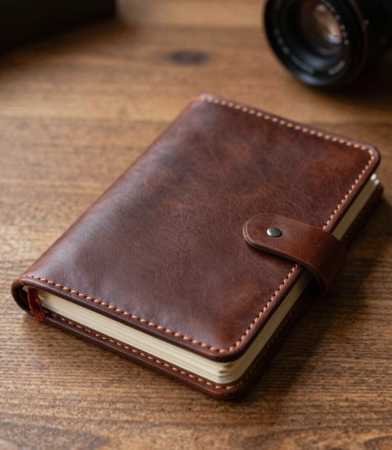 Close-up of a hand-stitched leather travel journal on a heavy oak table, soft natural side light, warm shadows