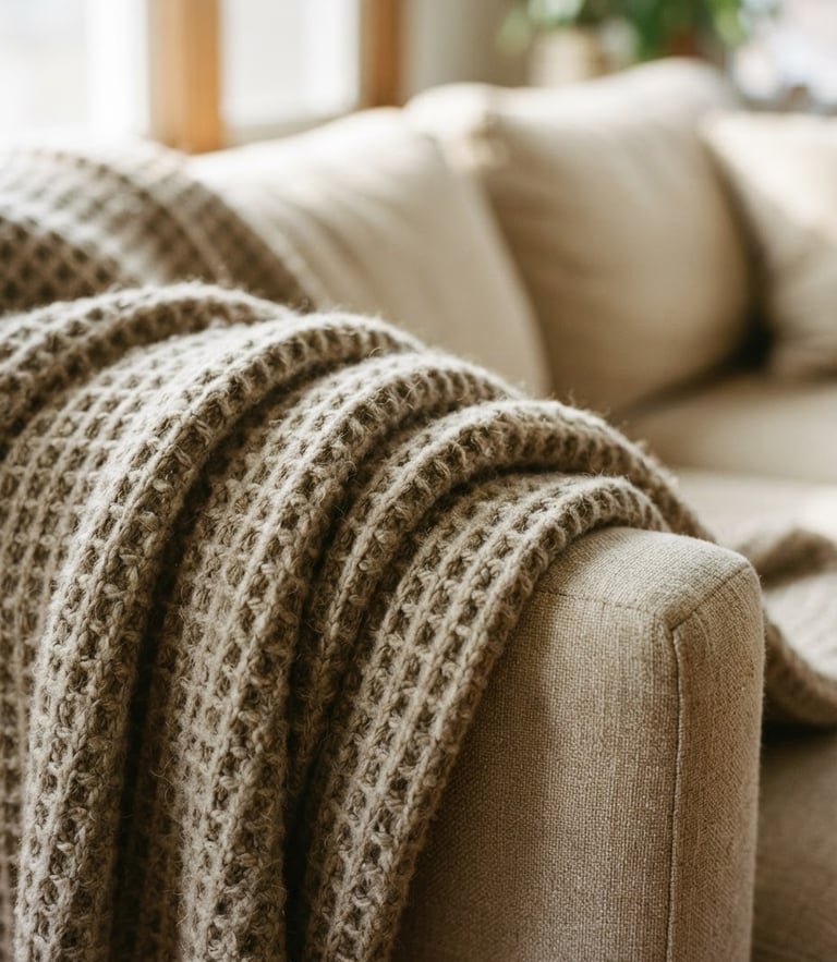 Close-up of a heavy oatmeal waffle blanket draped naturally over a linen sofa, soft morning window light, shallow depth of field, 35mm