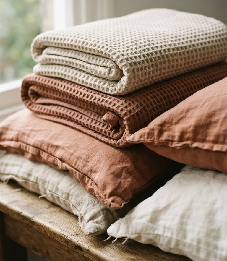 A stack of folded heavy waffle blankets and rumpled linen pillow covers in soft oatmeal and terracotta tones, side-lit by gentle morning window light, shallow depth of field