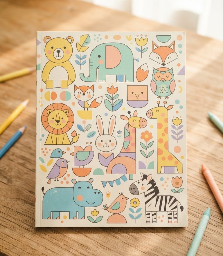 Top-down flatlay of a colorful PAUD workbook cover with cute geometric animal illustrations, warm natural lighting