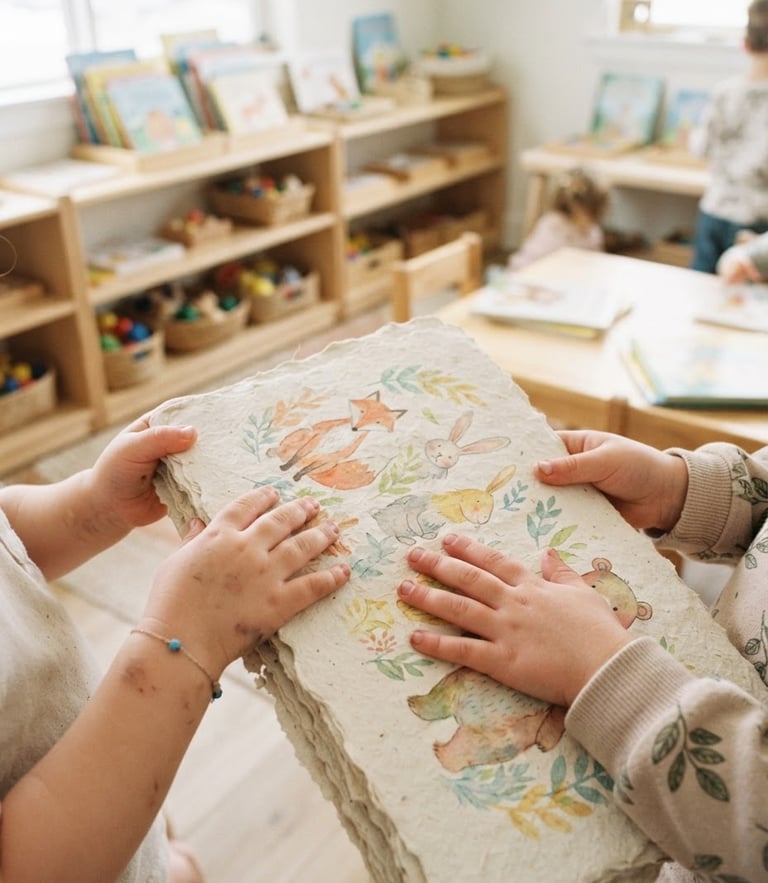 Close-up of children's hands holding a thick textured book page, bright and airy classroom setting in the background with books displayed on low wooden shelves, soft morning natural light, warm pastel tones, clean editorial photography, 35mm