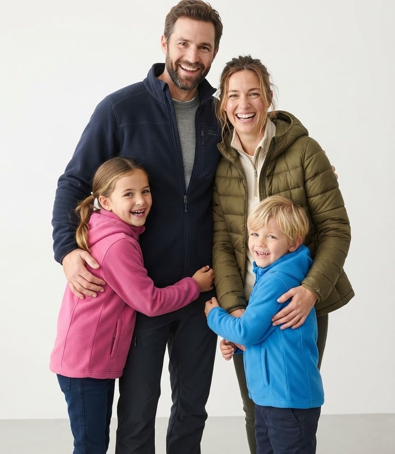 Bright retail photography of a happy young family wearing clean, premium outdoor fleeces and jackets, soft natural daylight, white background