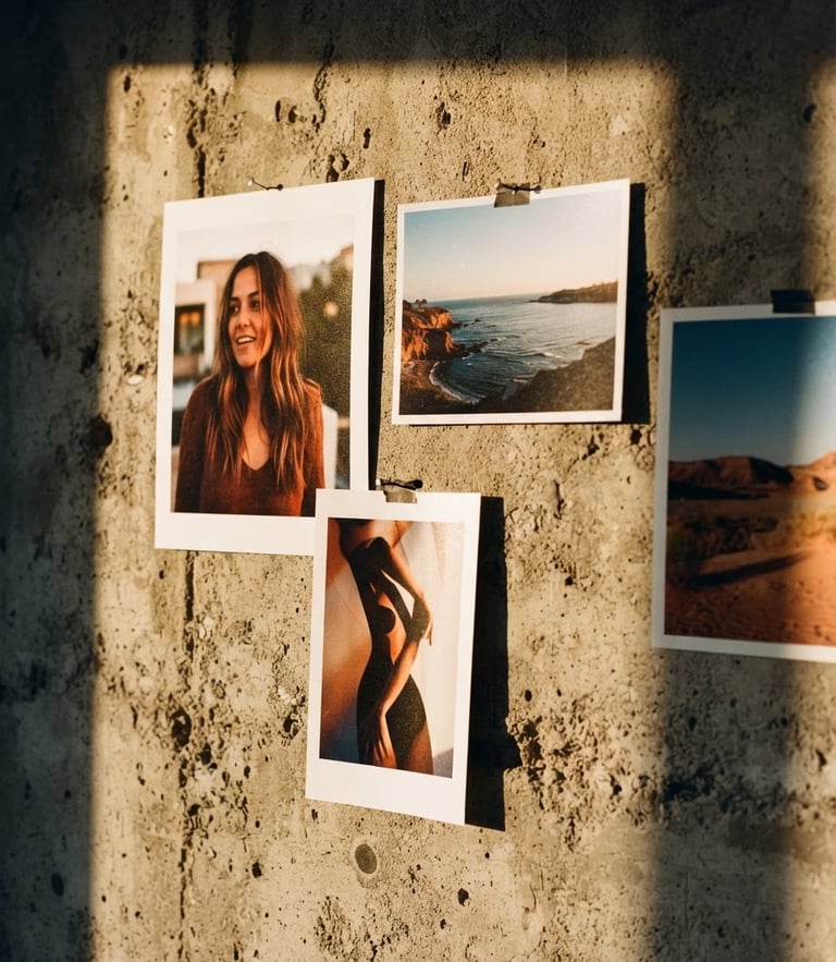 Close-up of contemporary photography prints hanging on a raw concrete wall, warm golden hour sunlight casting dramatic shadows across the texture, 35mm film grain.