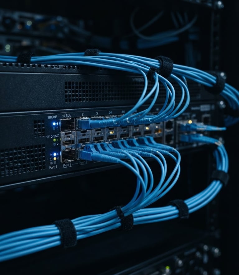 Sleek close-up of high-end network switch with blue fiber optic cables plugged in, dark moody studio lighting, macro details