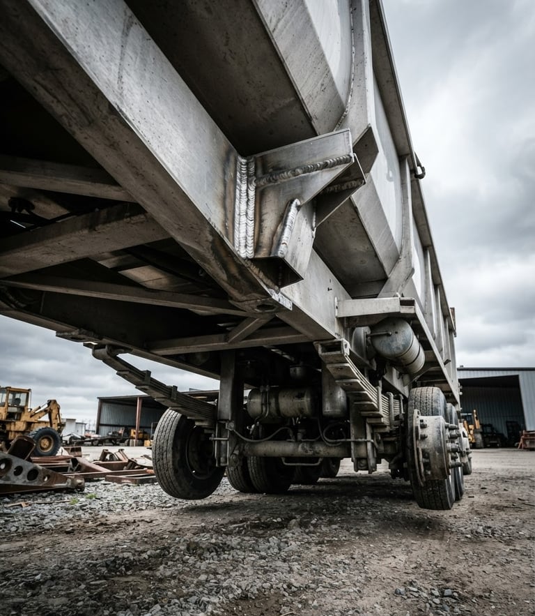 Low-angle dramatic shot of a heavy-duty aluminum dump trailer chassis under overcast industrial skies, highlighting metallic weld textures, 35mm.