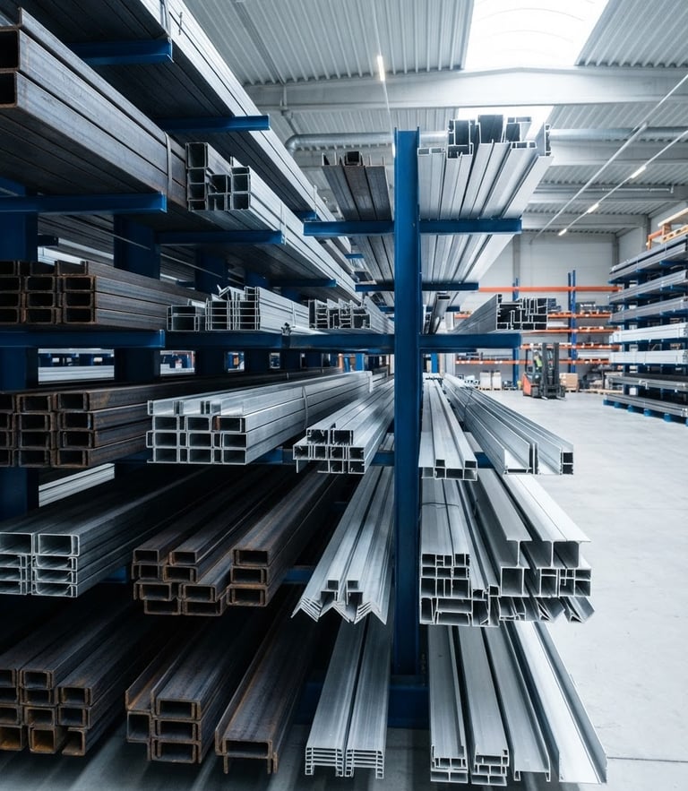 Clean industrial photography of neatly stacked structural steel channels and architectural aluminium profiles in a bright, organized warehouse, cool daylight.