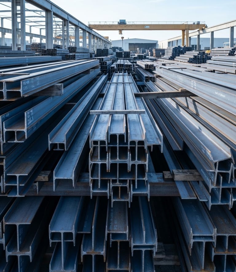 Clean industrial photography of neatly stacked structural steel profiles in bright cool daylight, sharp focus, metallic blue tones.