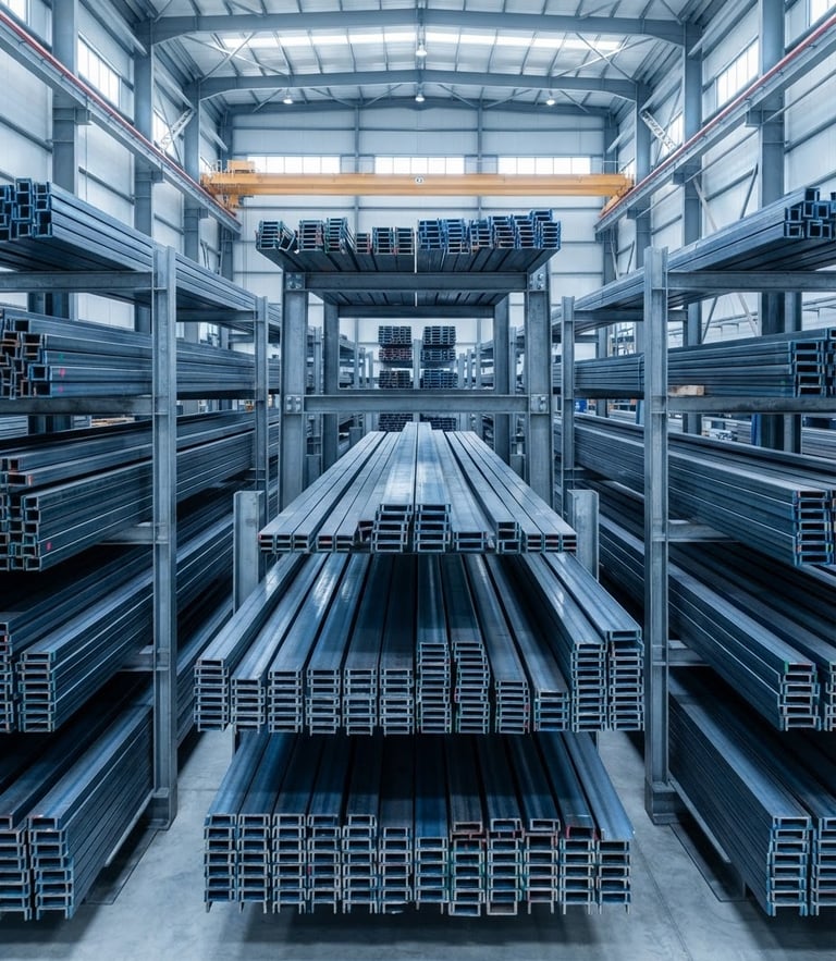 Neatly stacked structural steel bars in a bright, modern Abu Dhabi warehouse, clean industrial photography, cool daylight, sharp focus, high-contrast metallic tones, editorial architectural lens