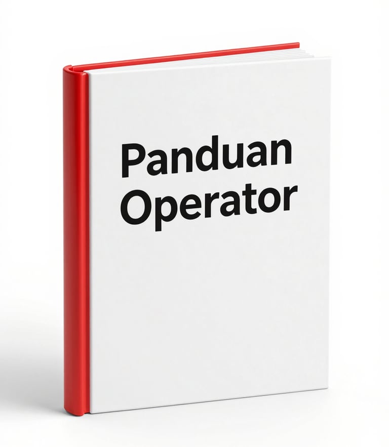 High-fidelity 3D book mockup of Panduan Operator, vibrant red accents, clean studio lighting, sharp focus, modern tech aesthetic