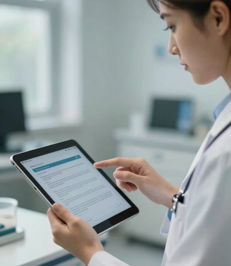 Close-up of a doctor in a modern clinical setting focusing on a tablet screen, soft natural daylight, premium clinical-corporate atmosphere.