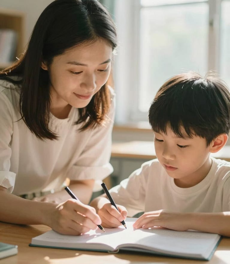 A focused tutoring moment in a sunlit room, a teacher guiding a child over a notebook, warm editorial photography, soft natural window light, 35mm